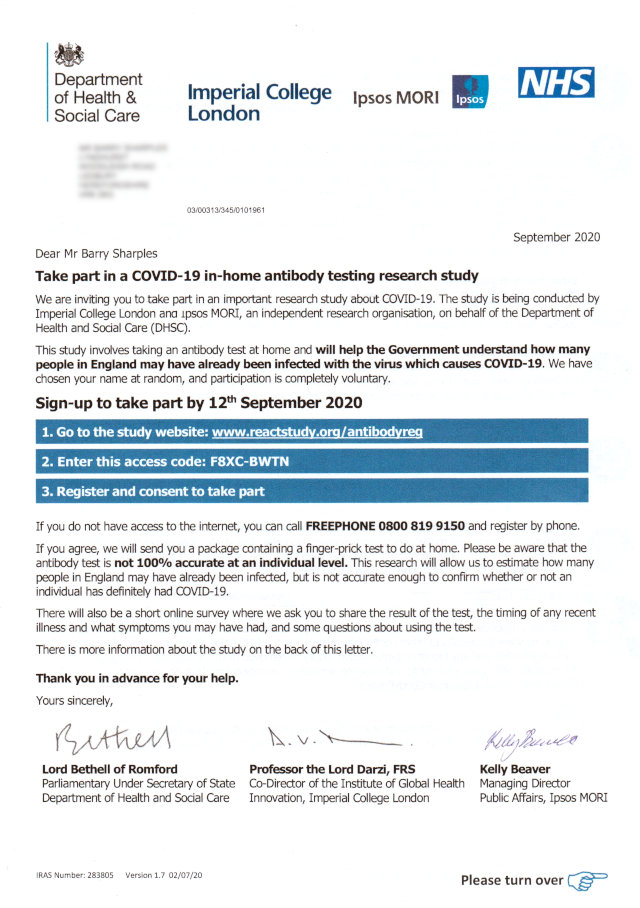 letter inviting me to do an antibody test